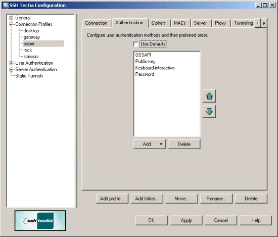 Configuring authentication methods for the profile