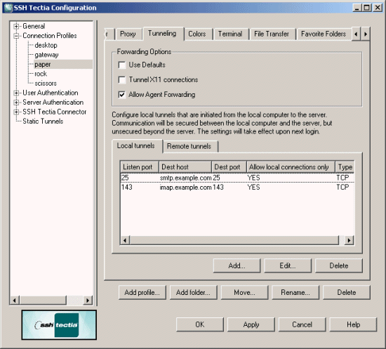 Defining SSH Tectia Client tunneling
