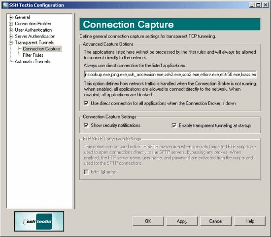 Defining the transparent TCP tunneling settings