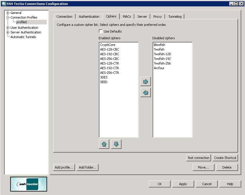 Defining a cipher list for the profile