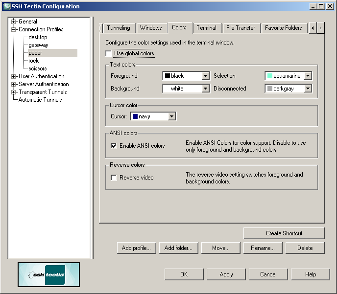 Defining SSH Tectia terminal colors