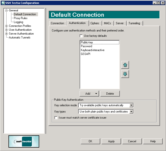 Authentication methods for SSH Tectia Client