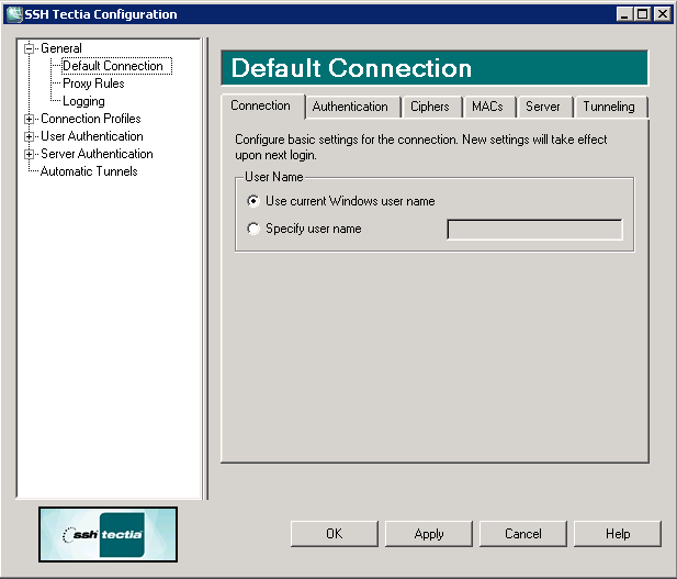 The user name settings for connections