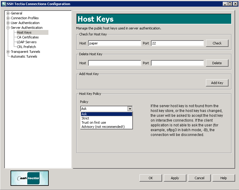 Defining server host keys settings