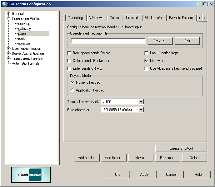 Defining SSH Tectia terminal settings