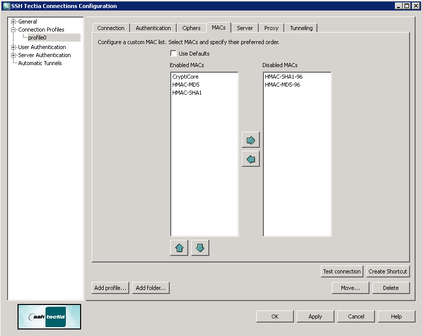Defining a MAC list for the profile