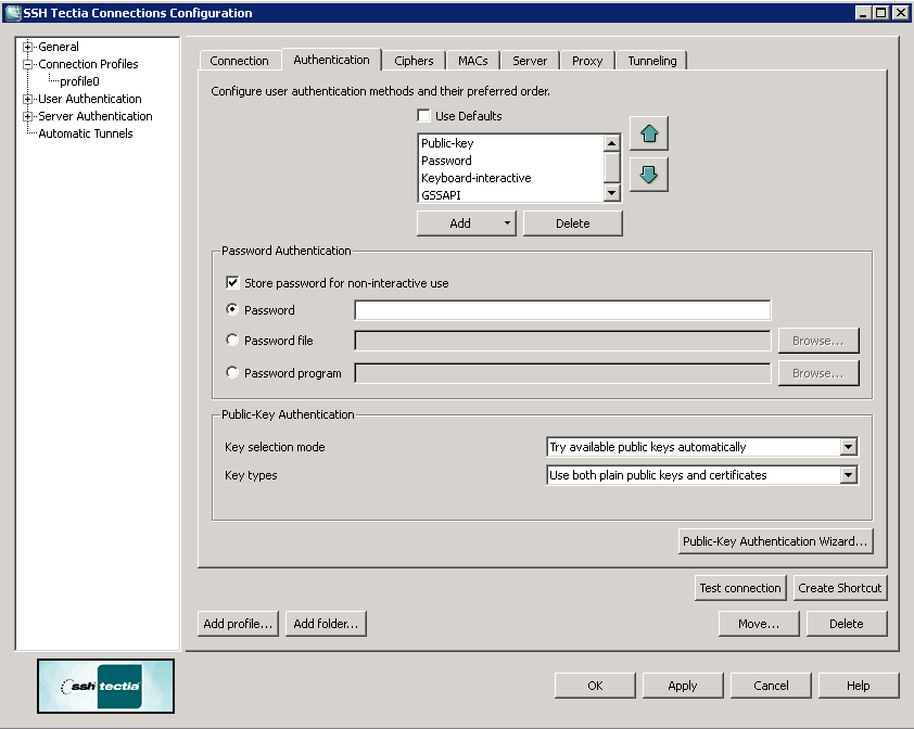 Configuring authentication methods for the profile