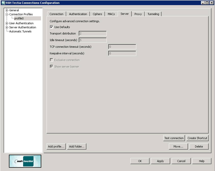 Defining server connection settings for the profile