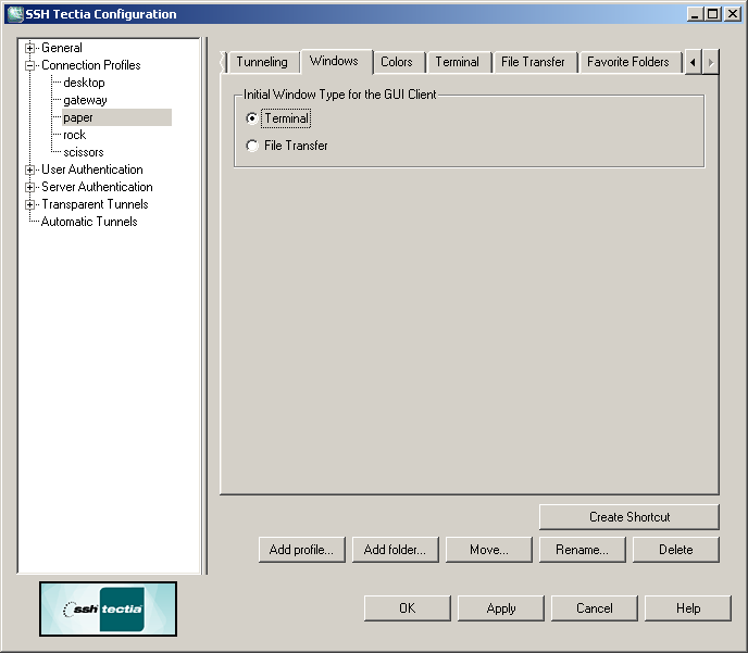 Defining initial SSH Tectia window type
