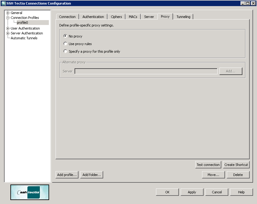 Defining proxy settings for the profile