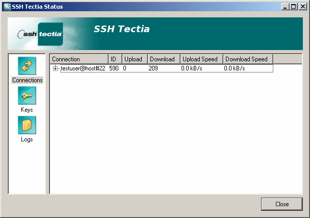 The Connections view of the Status dialog box