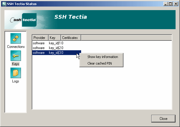 The Keys view of the Status dialog box