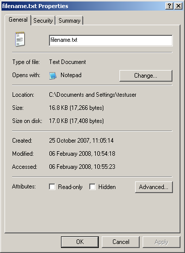 Properties page for a file