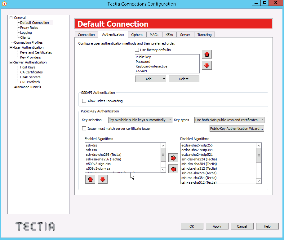 Authentication methods for Tectia Client