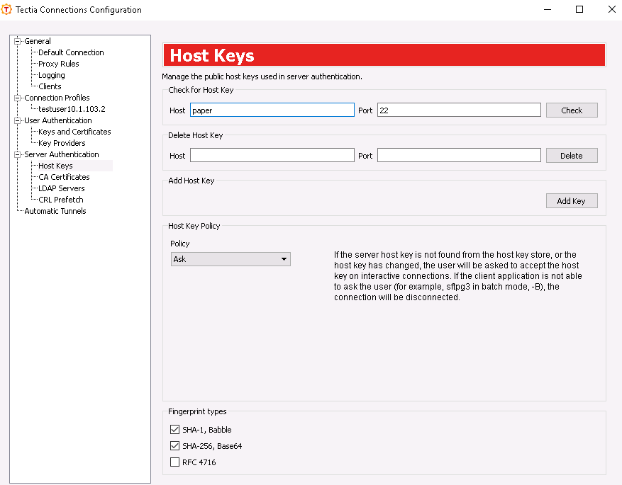 Defining server host keys settings