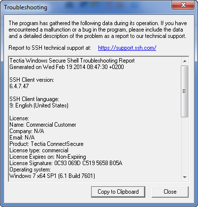 Window containing troubleshooting data
