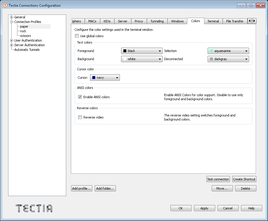 Defining Tectia terminal colors