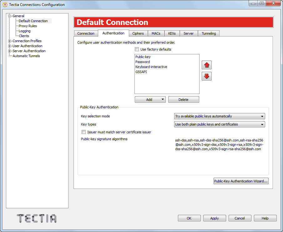 Authentication methods for Tectia ConnectSecure