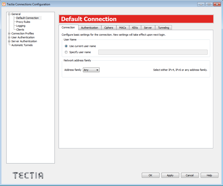 The user name and network address family settings for connections