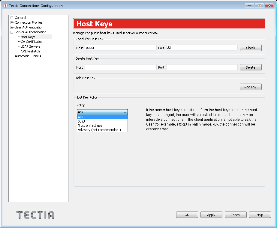Defining server host keys settings