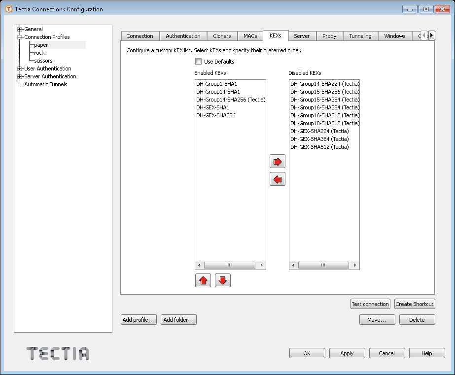 Defining a KEX list for the profile