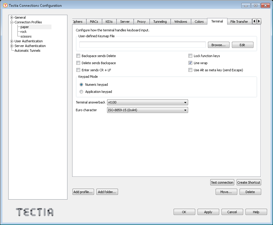 Defining Tectia terminal settings