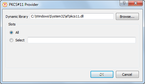 Defining a PKCS #11 provider, Aladdin eToken DLL path shown as an example