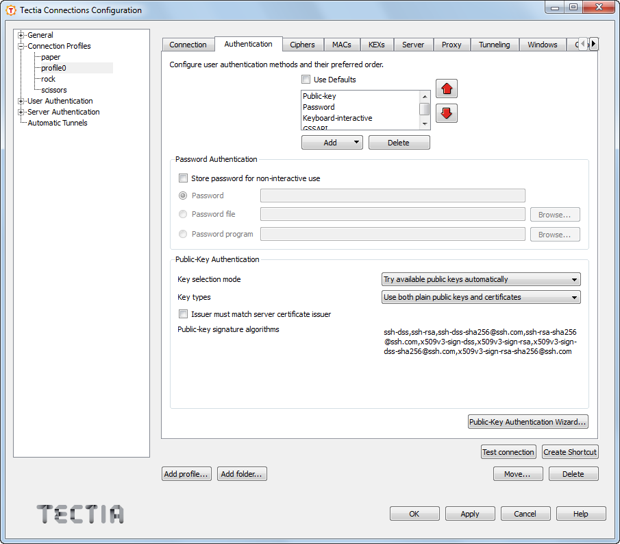 Configuring authentication methods for the profile