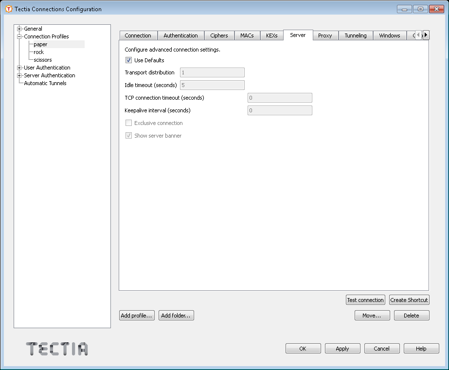 Defining server connection settings for the profile