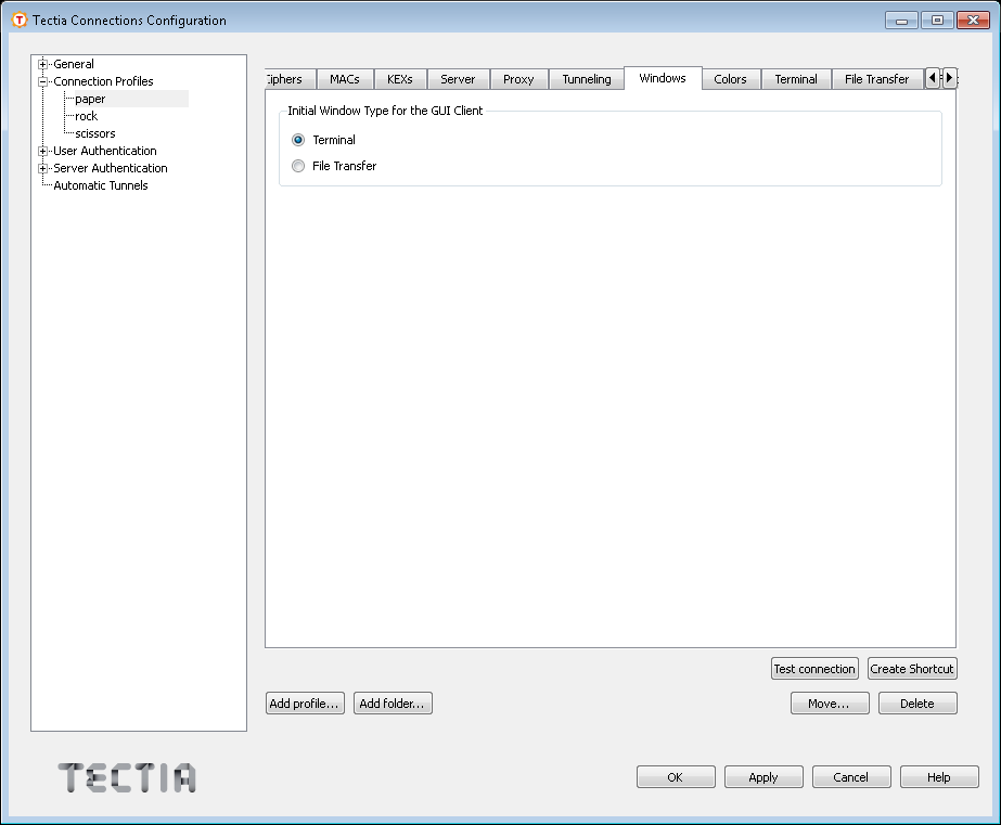Defining initial Tectia window type