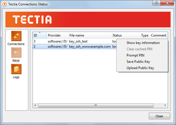 The Keys view of the Status window