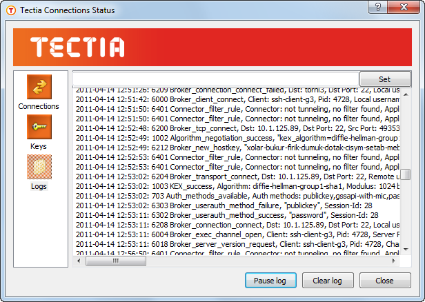 The Logs view of the Status window