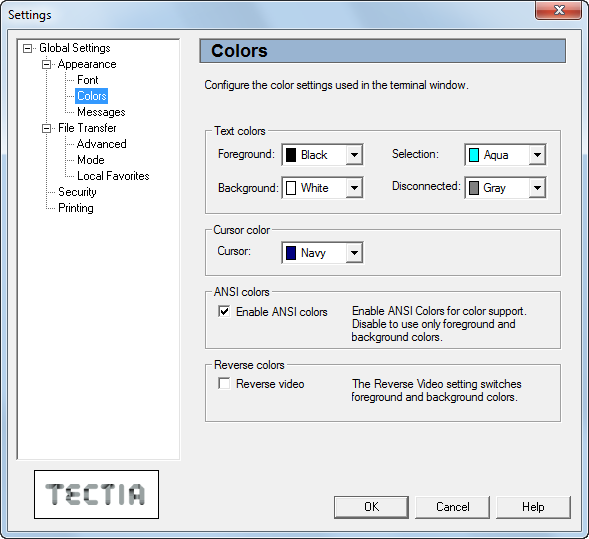 The Colors page of the Settings dialog