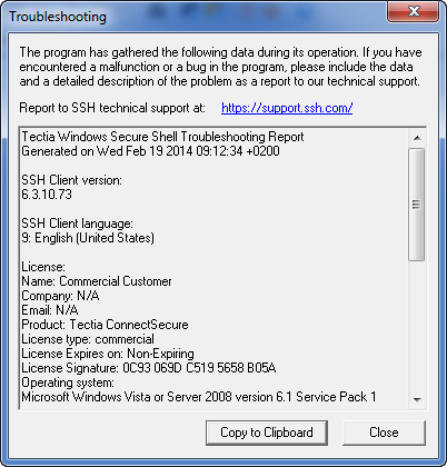 Window containing troubleshooting data