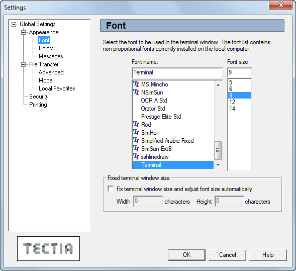 The Font page of the Settings dialog