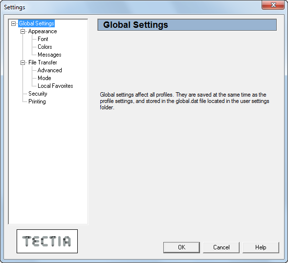 The Global Settings page of the Settings dialog