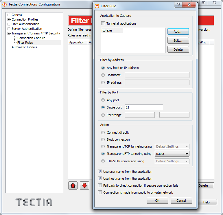 Defining filter rules for transparent FTP tunneling